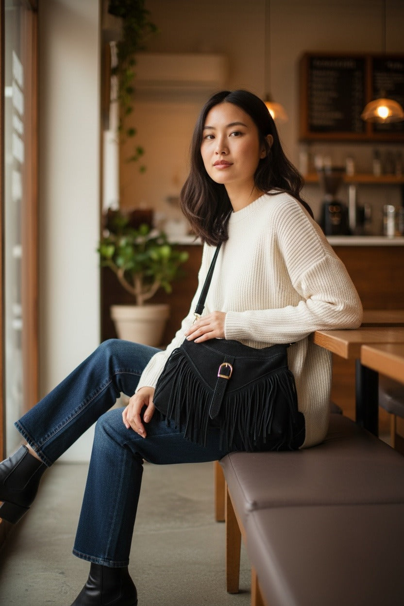 Borsa con frange in pelle scamosciata