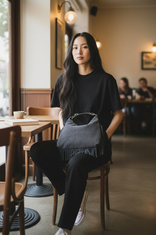 Borsa con frange in pelle scamosciata