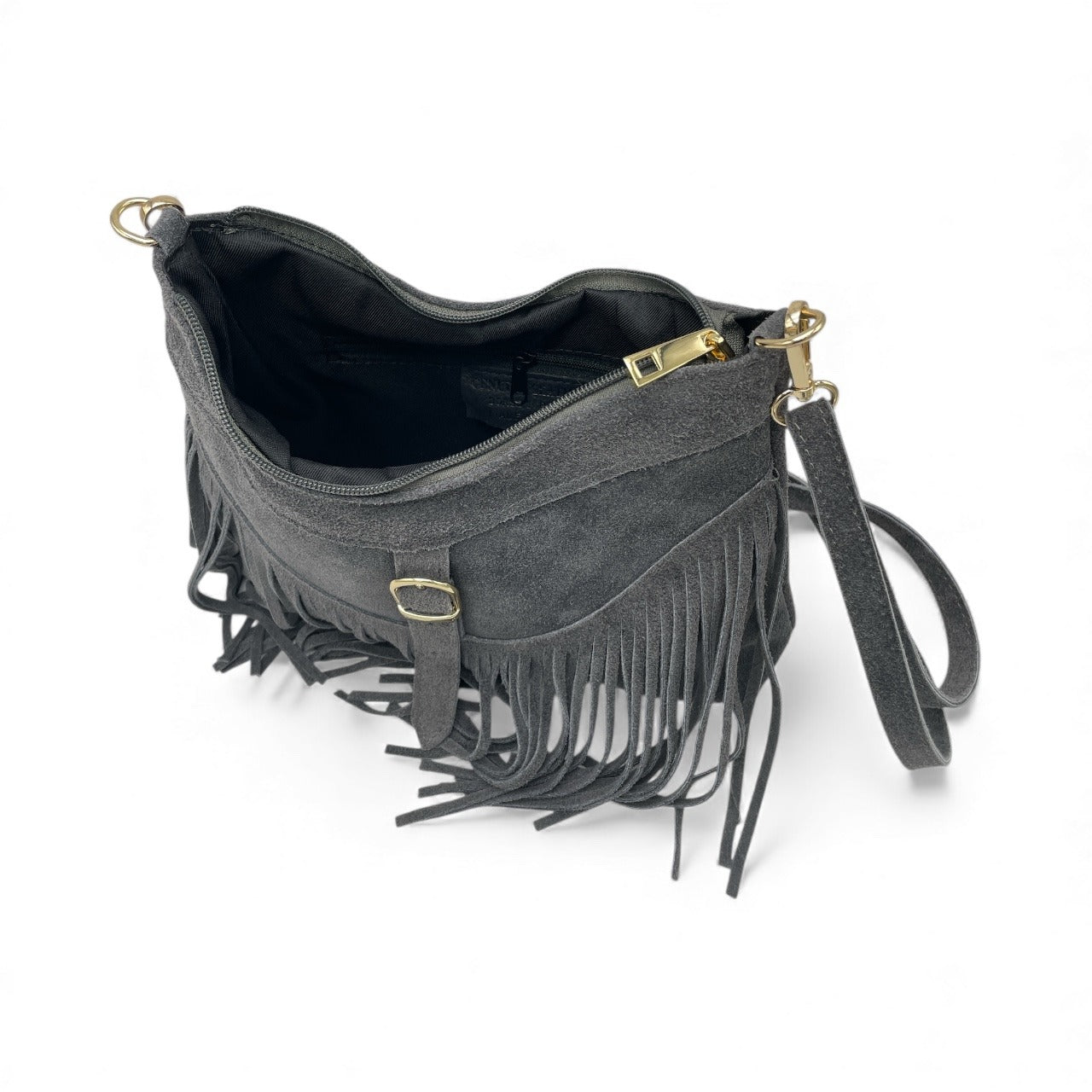 Borsa con frange in pelle scamosciata