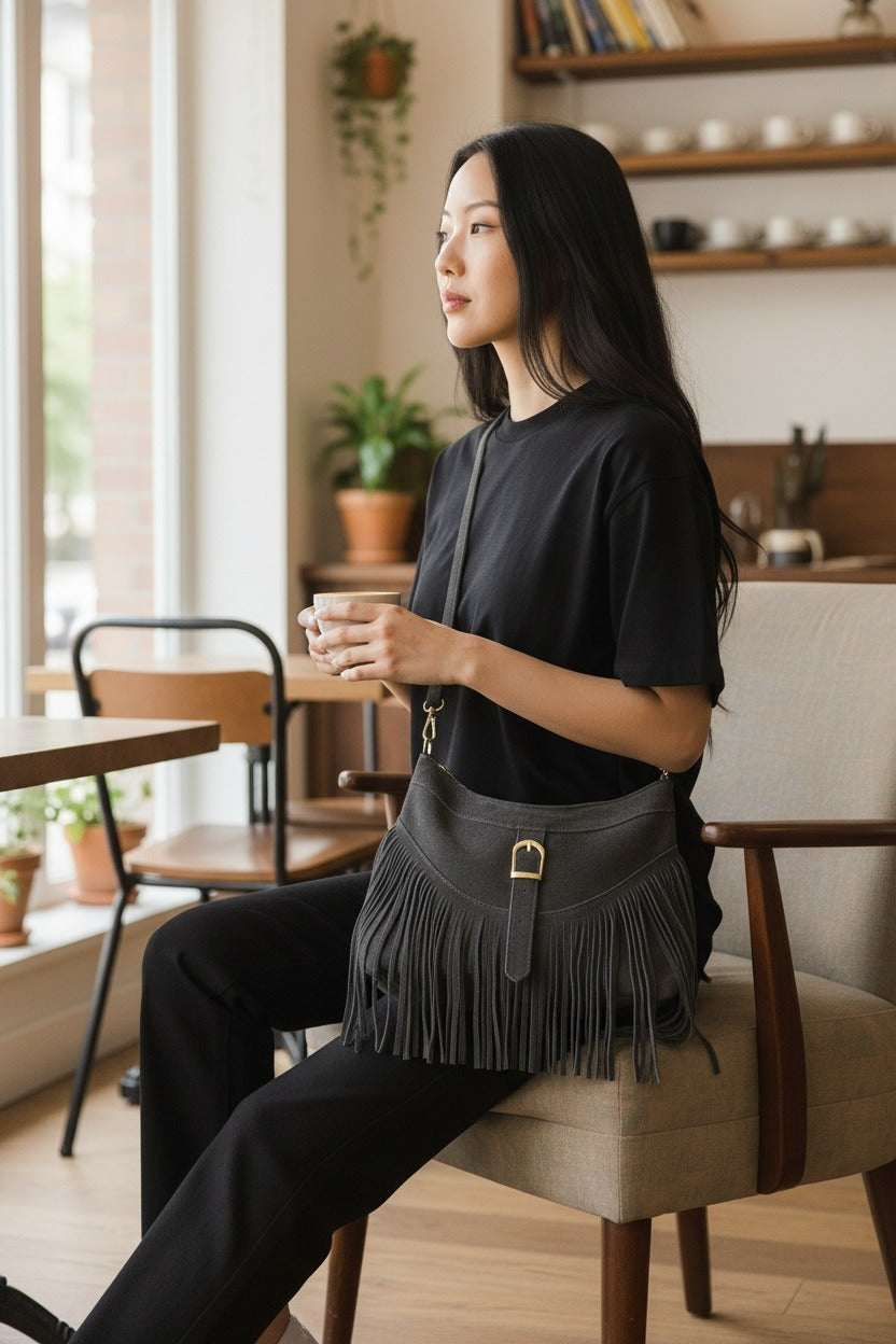 Borsa con frange in pelle scamosciata