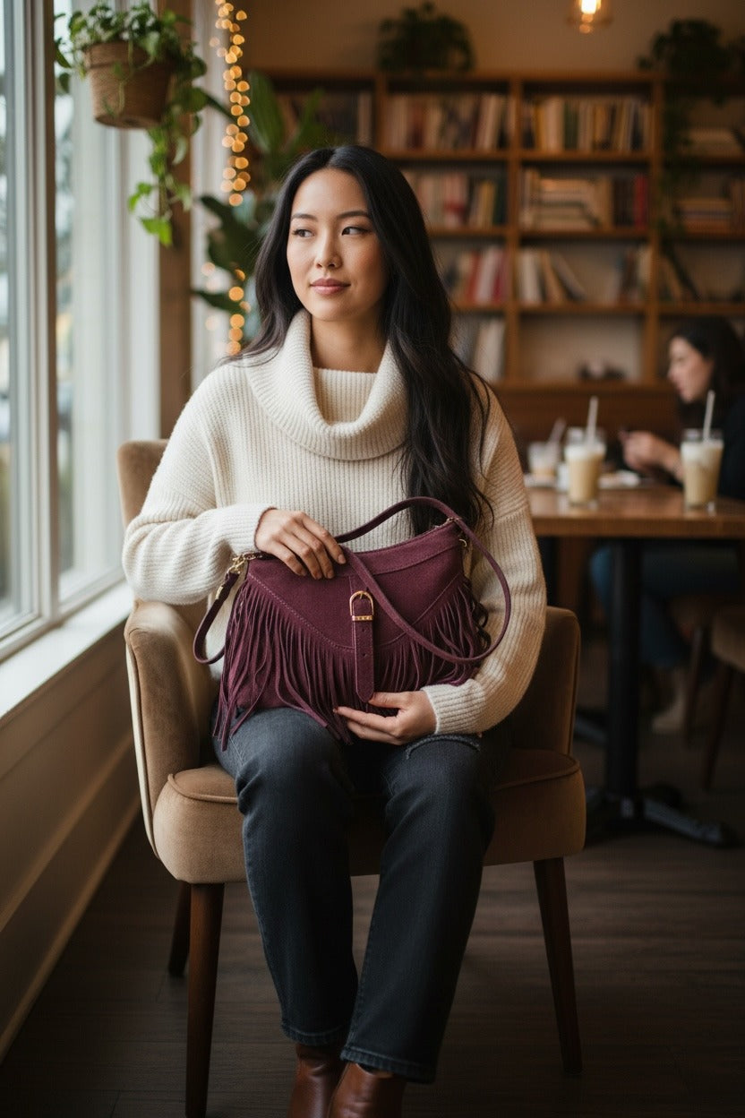 Borsa con frange in pelle scamosciata