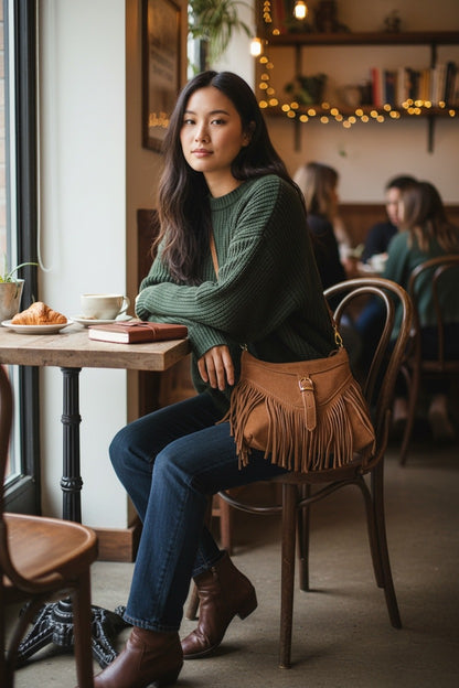 Borsa con frange in pelle scamosciata