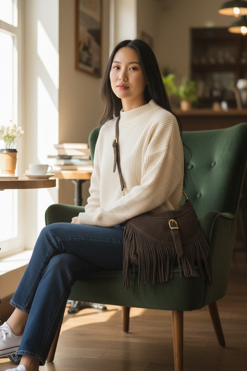 Borsa con frange in pelle scamosciata